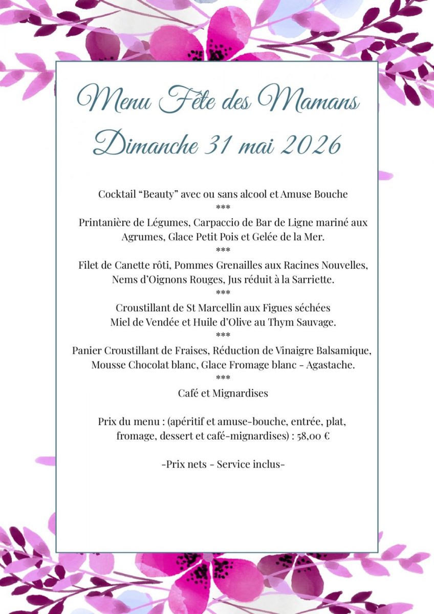 Menu Fête des mamans 2026 au Fil des saisons luçon
